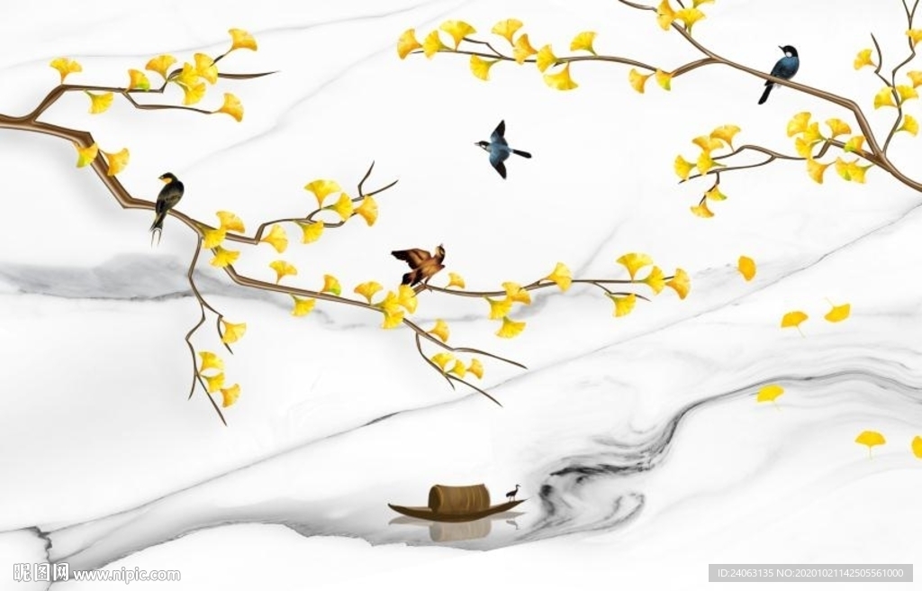 新中式爵士白水墨山水杏叶背景墙