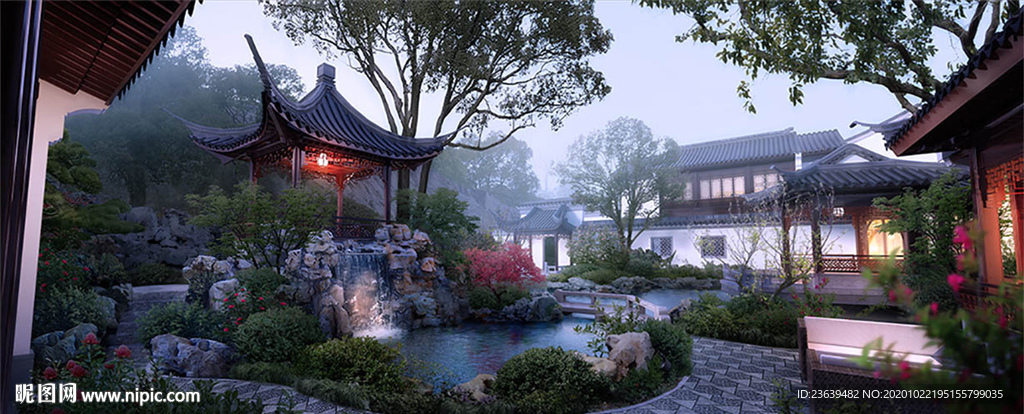 中式古典庭院夜景效果图