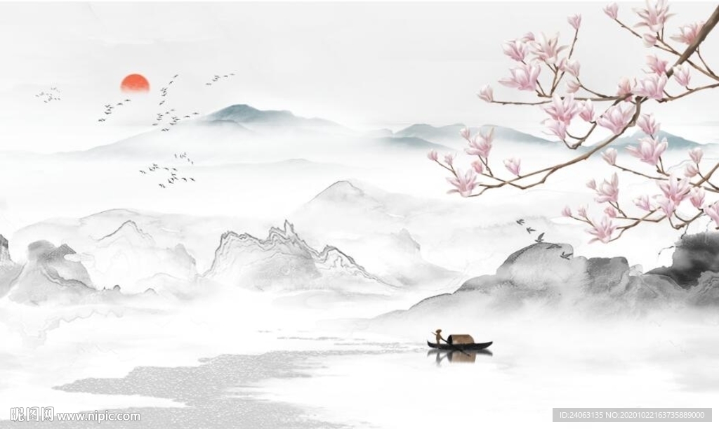 新中式工笔玉兰山水背景墙