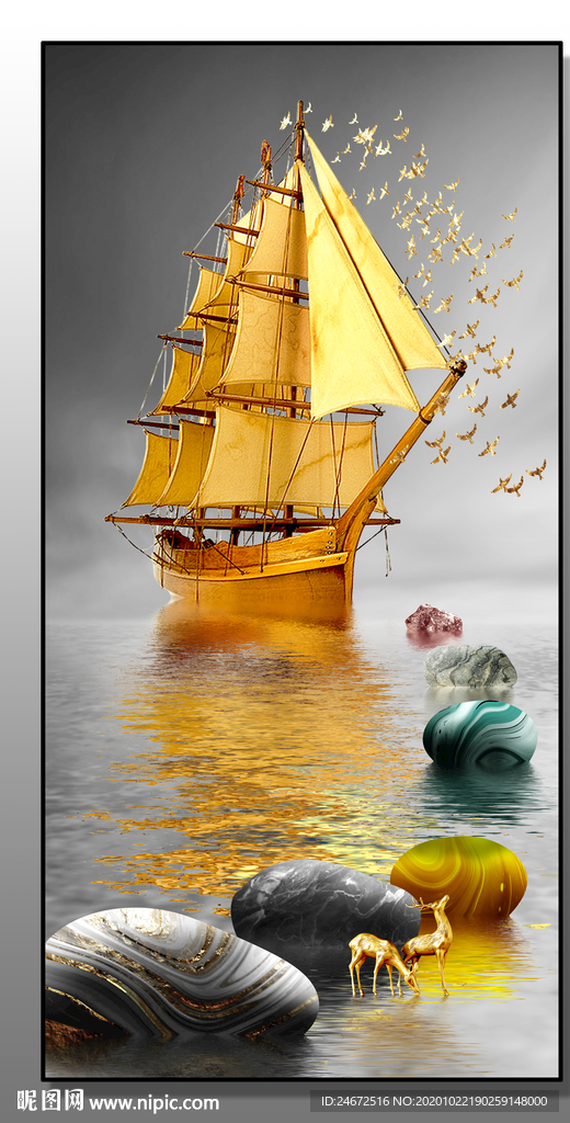 一帆风顺  石来运转玄关画