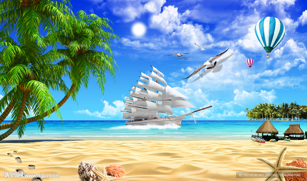 蓝天白云海鸥热气球沙滩