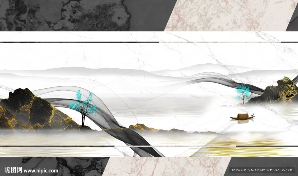 新中式抽象金箔山水烟雾大理石纹