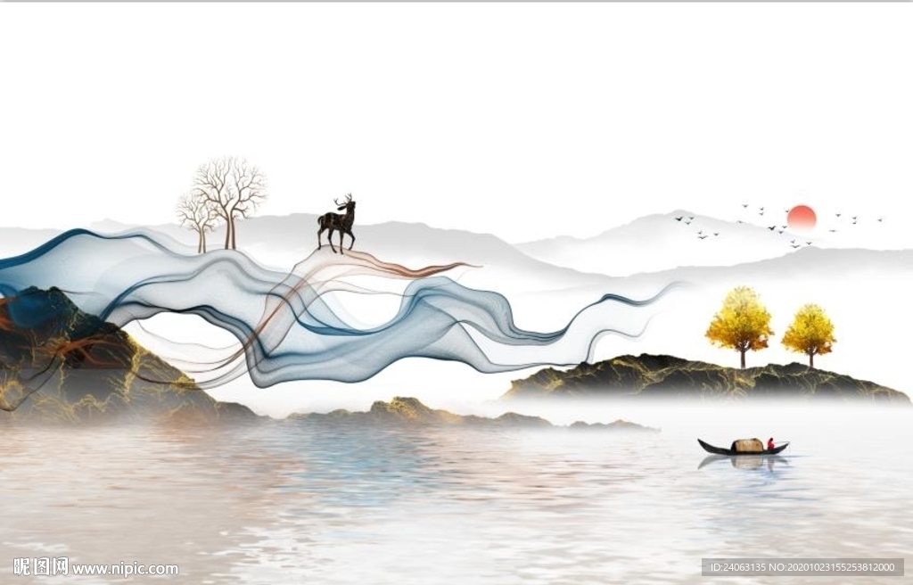 新中式素雅水墨山水抽象烟雾背景