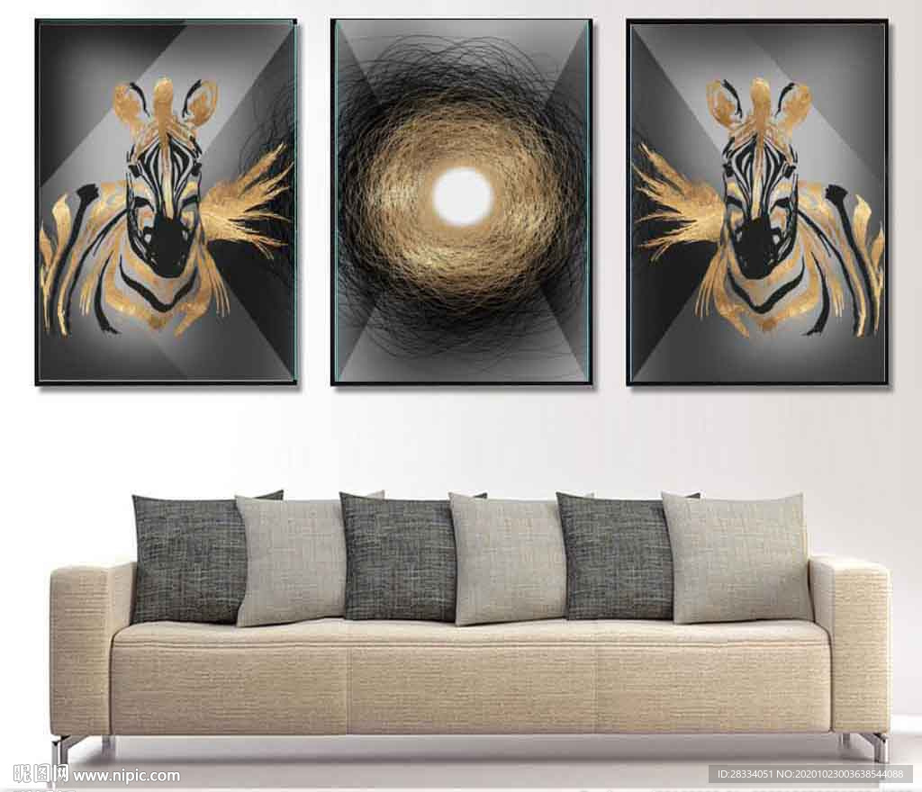 新中式烁金骏斑马花纹装饰无框画