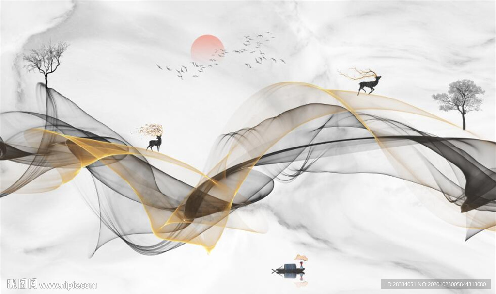 新中式飘带麋鹿 山水电视背景墙