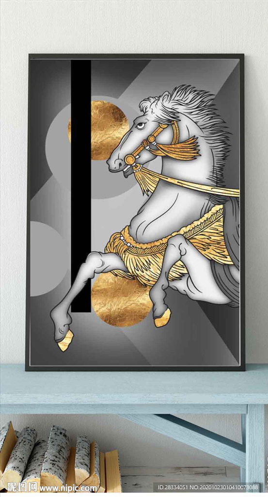 现代北欧风金色骏马玄关装饰画