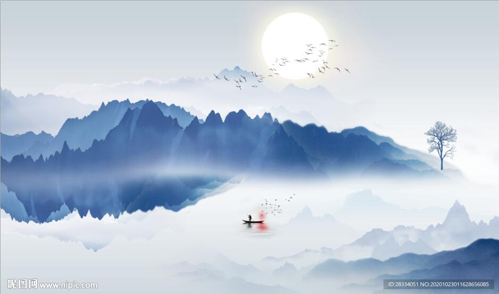 新中式蓝色水墨山水风景电视背景