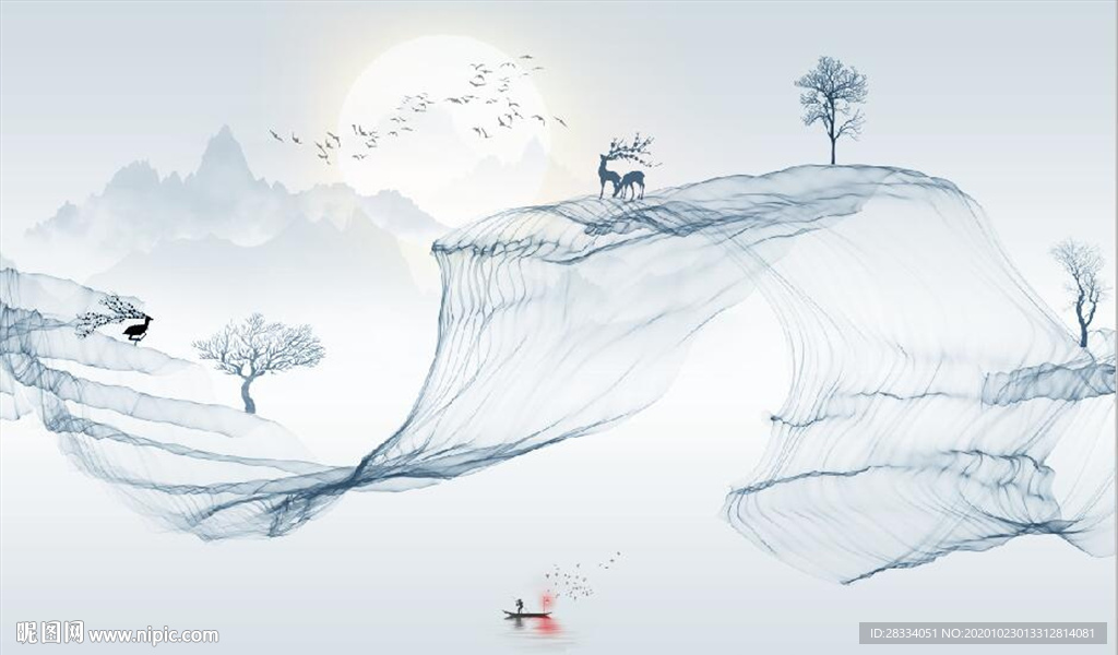 新中式大理石飘带麋鹿山水背景墙