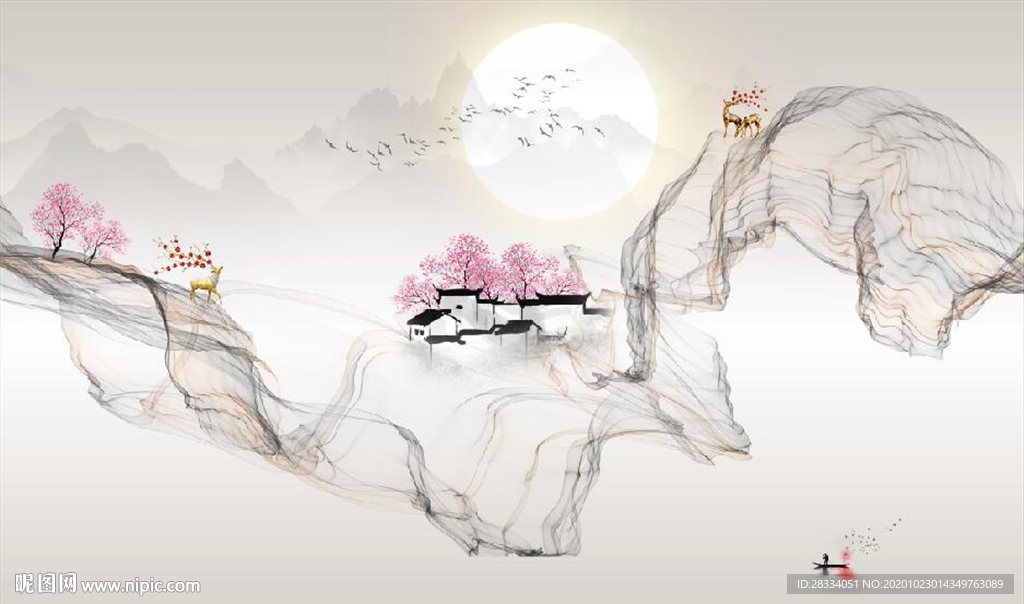 新中式大理石飘带麋鹿山水背景墙