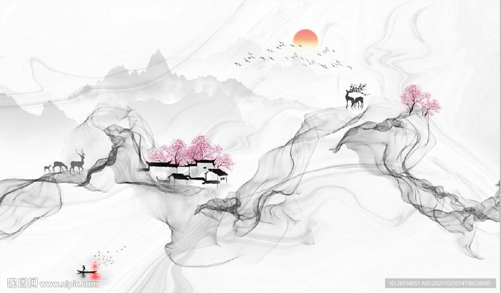 新中式大理石飘带麋鹿山水背景墙