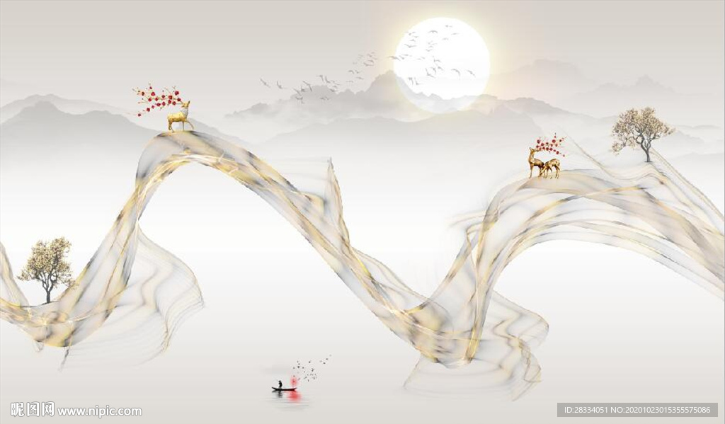 新中式大理石飘带麋鹿山水背景墙