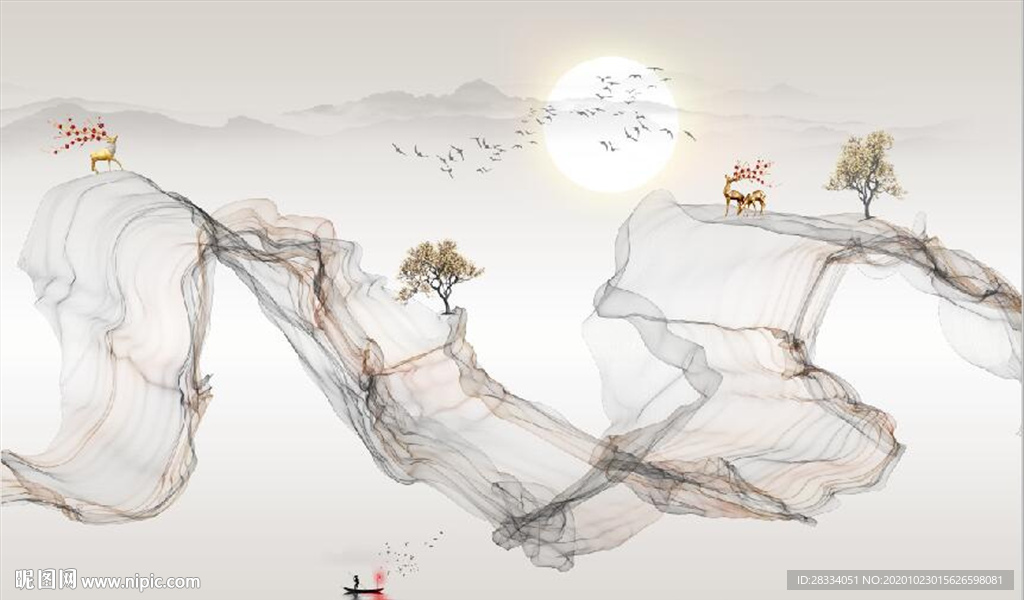 新中式大理石飘带麋鹿山水背景墙