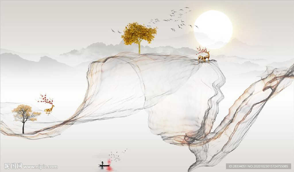 新中式大理石飘带麋鹿山水背景墙