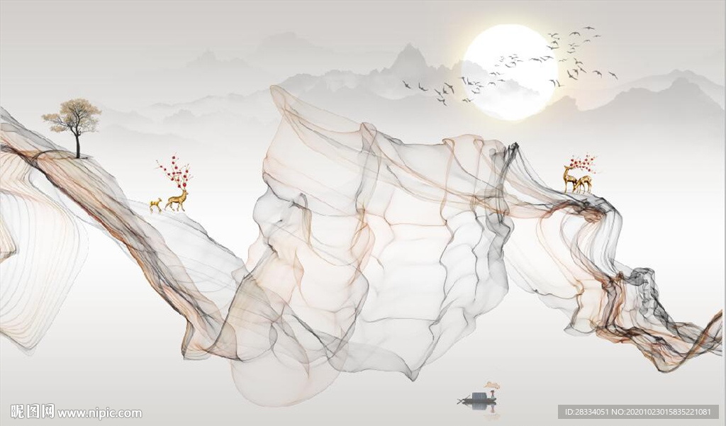 新中式大理石飘带麋鹿山水背景墙