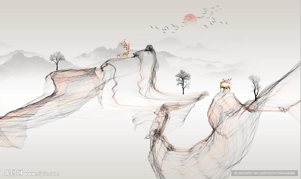 新中式大理石飘带麋鹿山水背景墙