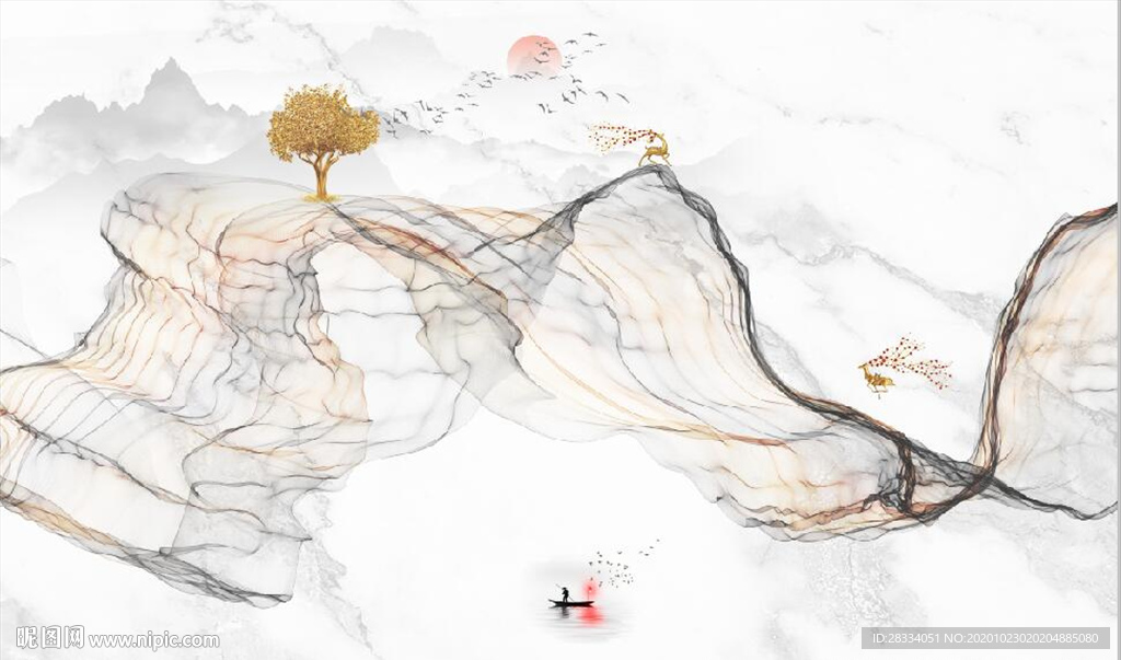 新中式大理石飘带麋鹿山水背景墙