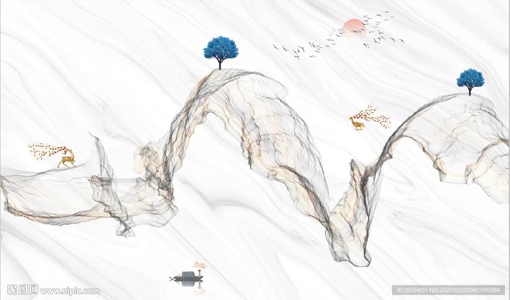 新中式大理石飘带麋鹿山水背景墙