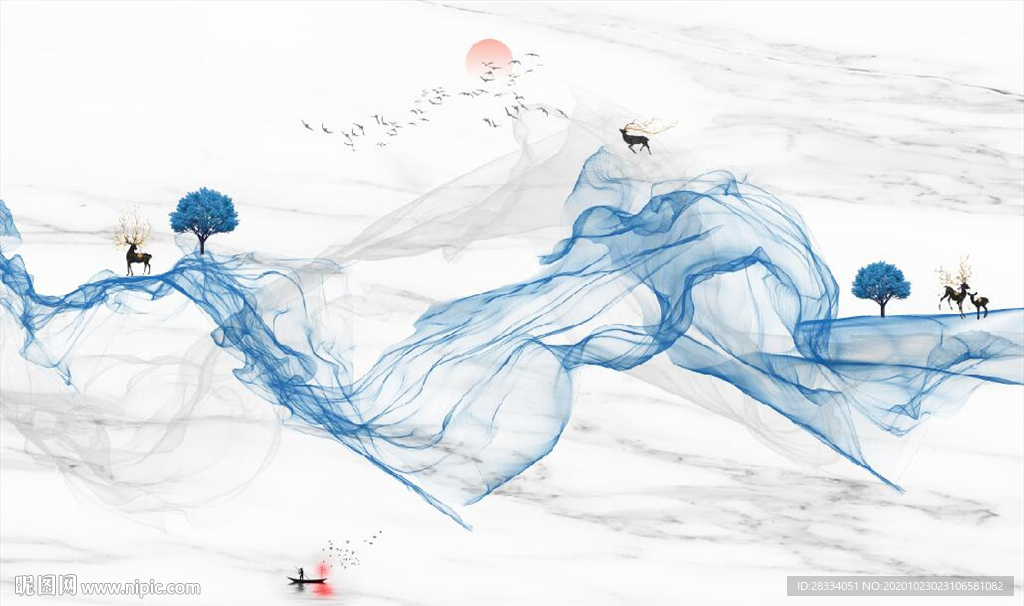 新中式大理石飘带麋鹿山水背景墙