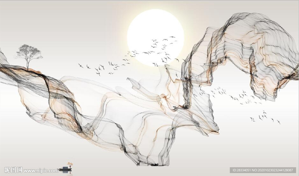 新中式大理石飘带麋鹿山水背景墙