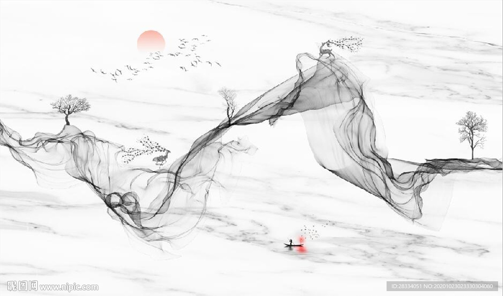 新中式大理石飘带麋鹿山水背景墙