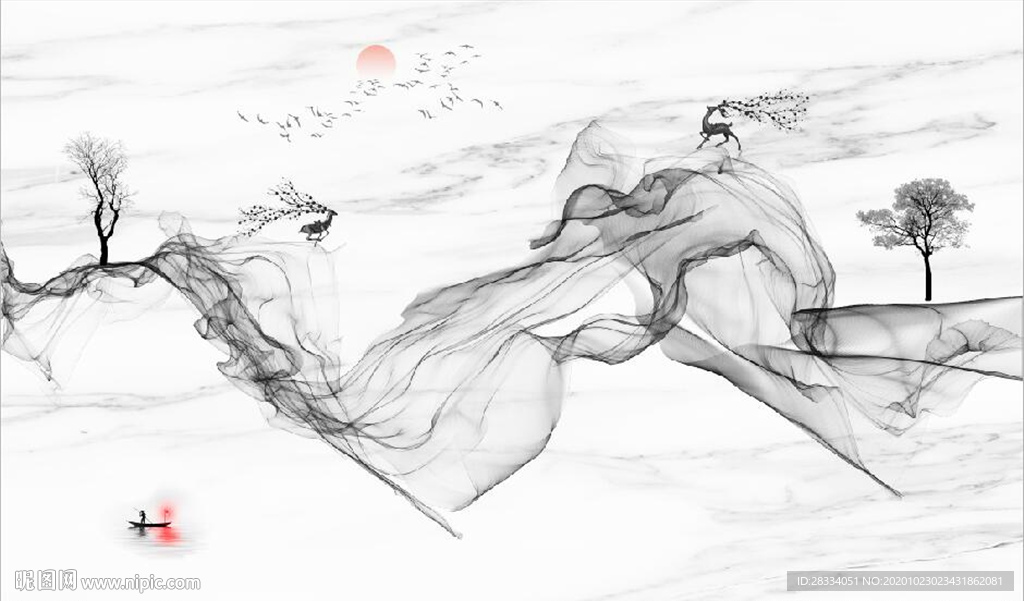 新中式大理石飘带麋鹿山水背景墙