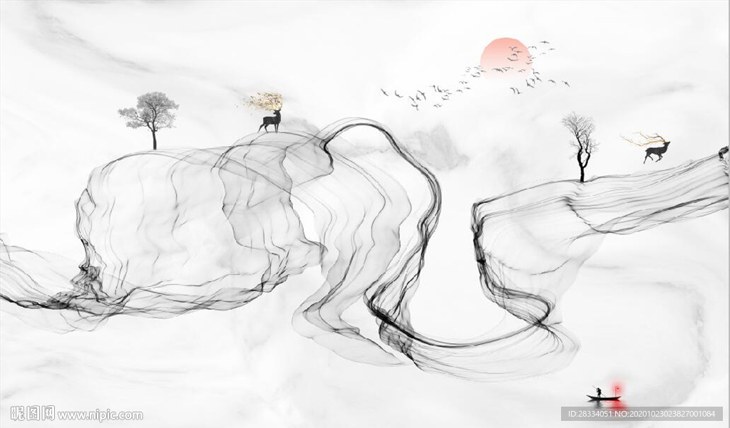 新中式大理石飘带麋鹿山水背景墙