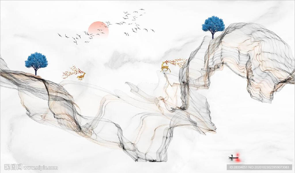 新中式大理石飘带麋鹿山水背景墙