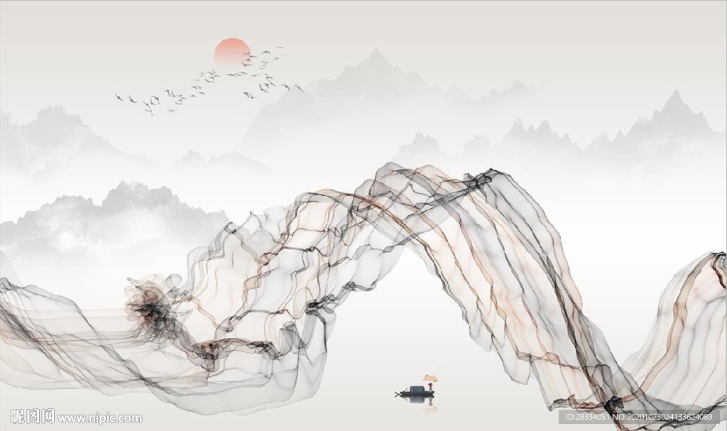 新中式大理石飘带麋鹿山水背景墙