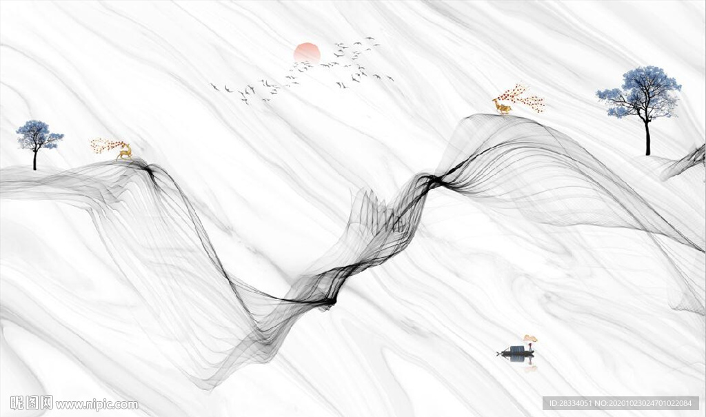 新中式大理石飘带麋鹿山水背景墙