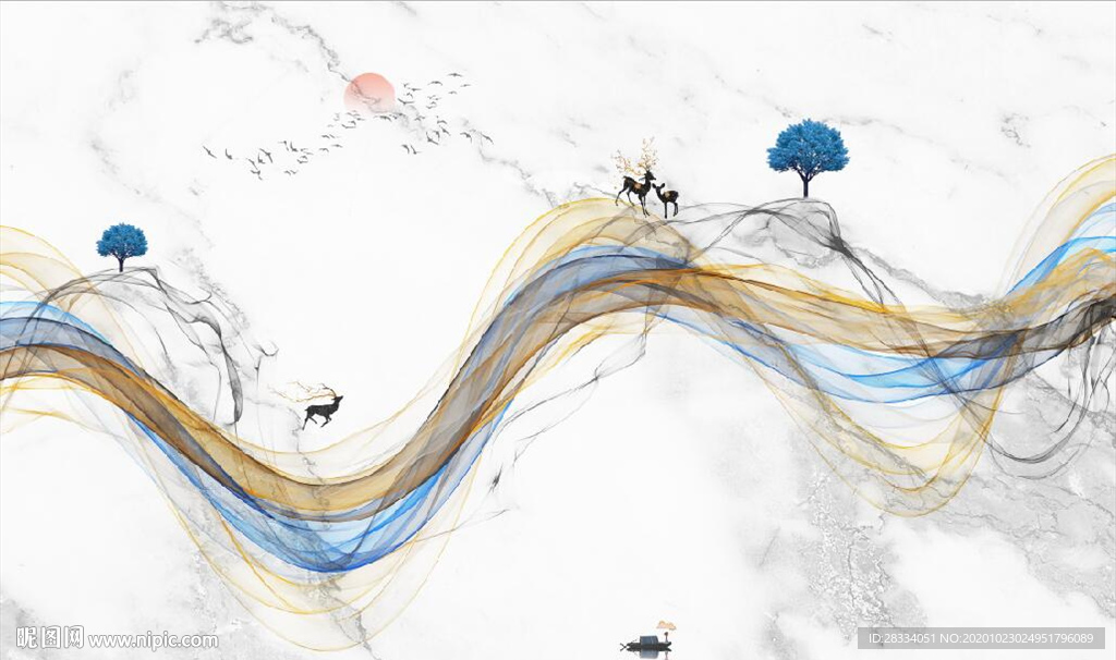 新中式大理石飘带麋鹿山水背景墙