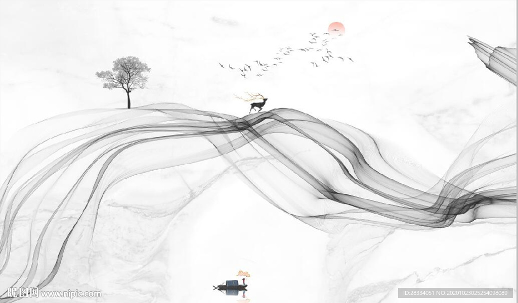 新中式大理石飘带麋鹿山水背景墙