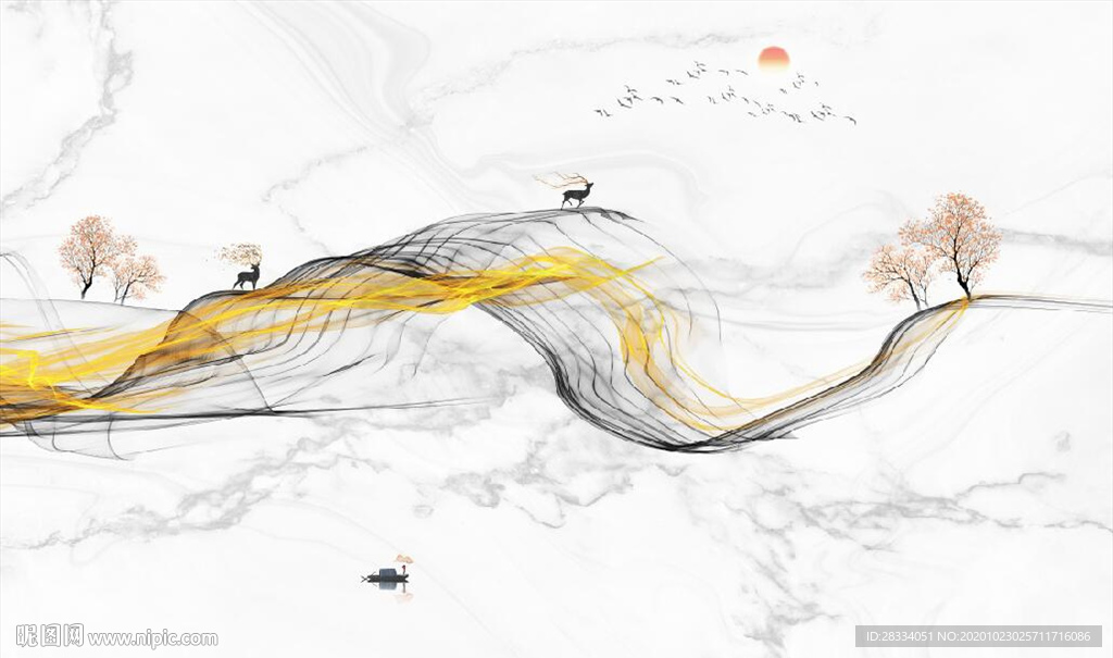 新中式大理石飘带麋鹿山水背景墙