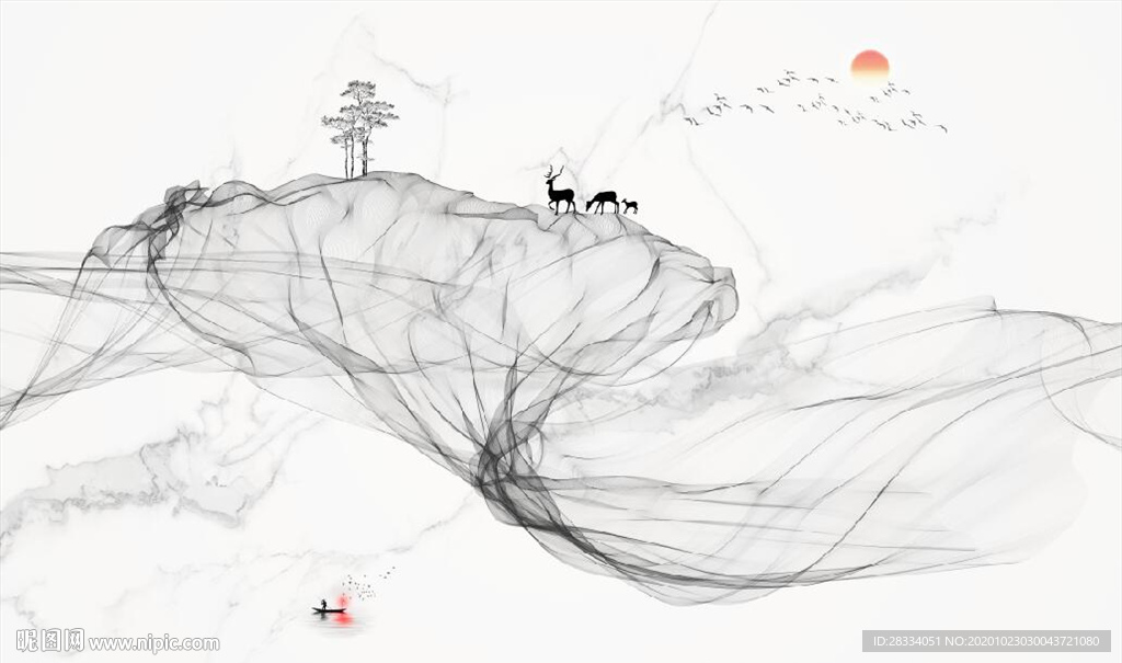 新中式大理石飘带麋鹿山水背景墙