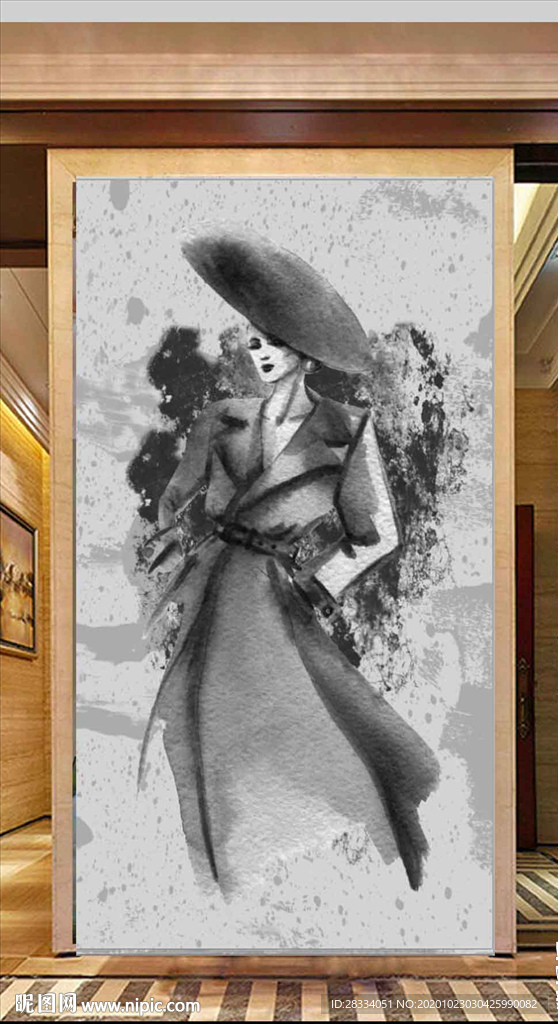 现代新中式水墨美女玄关装饰画