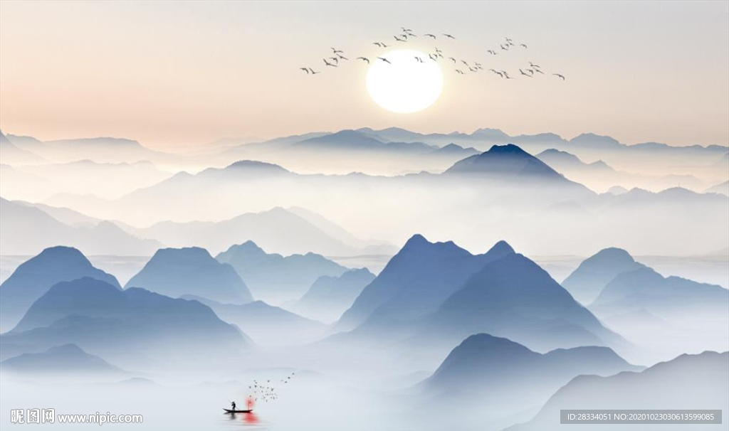 新中式蓝色水墨山水风景电视背景