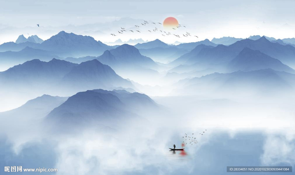 新中式蓝色水墨山水风景电视背景