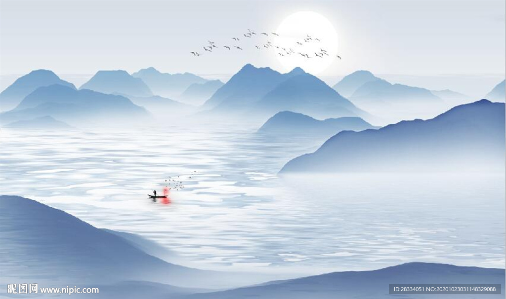 新中式蓝色水墨山水风景电视背景