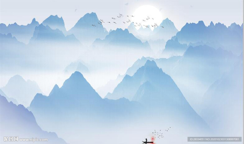 新中式蓝色水墨山水风景电视背景