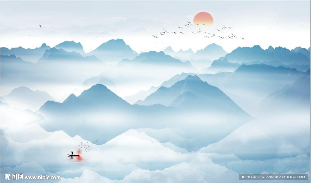 新中式蓝色水墨山水风景电视背景