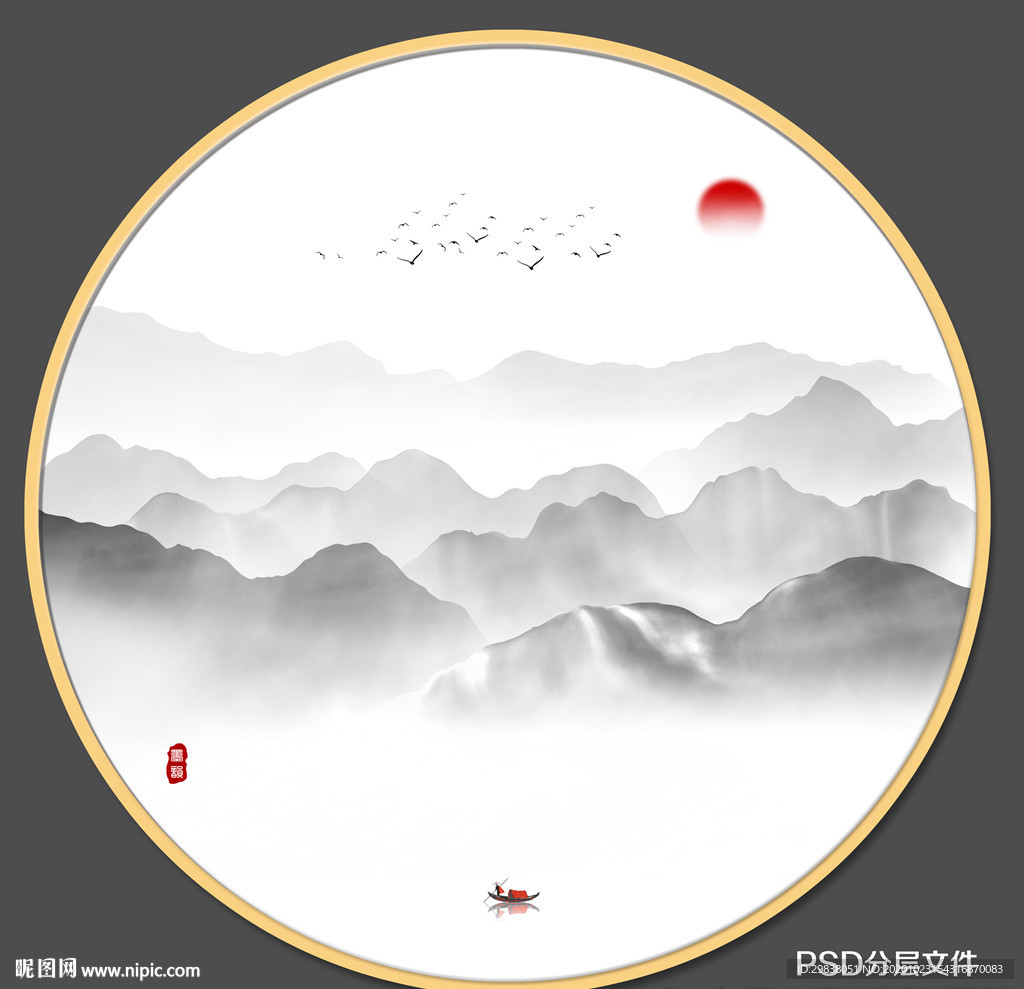 圆形水墨山水画