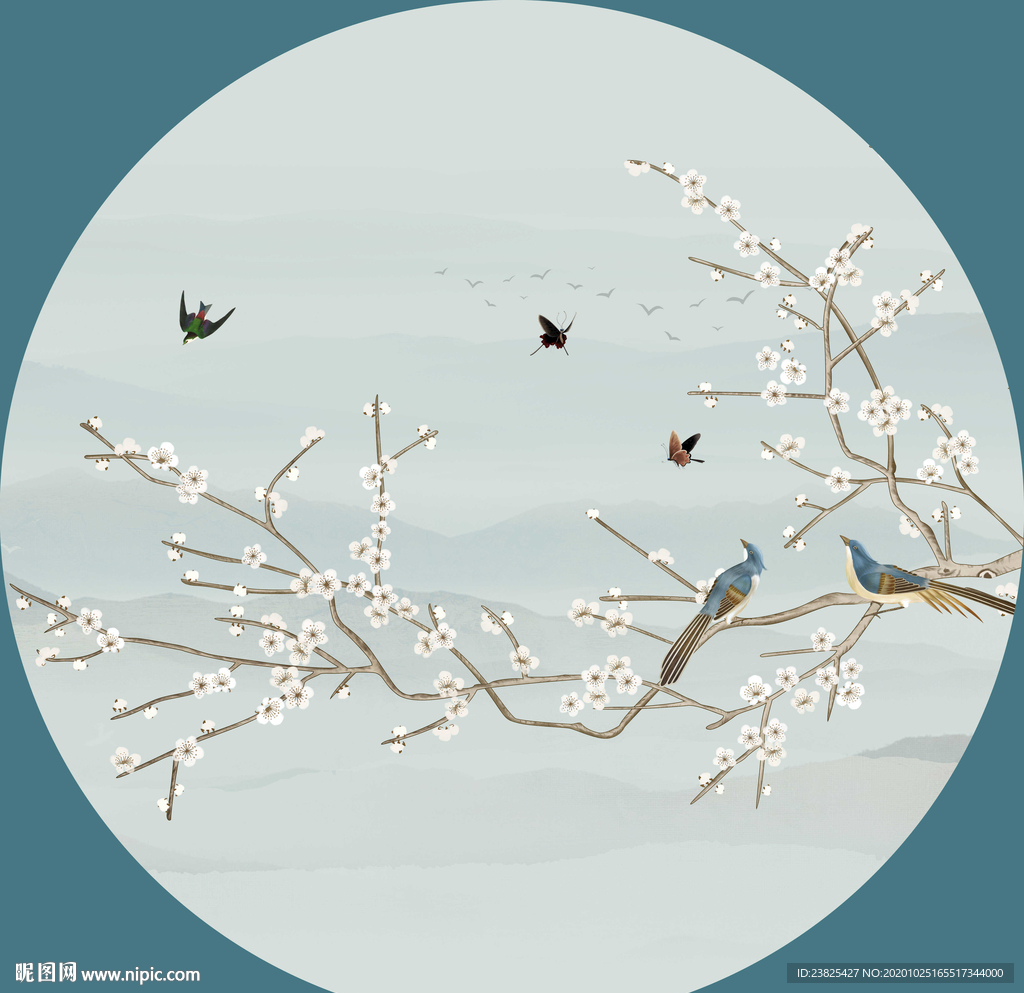 新中式手绘工笔花鸟圆形装饰画