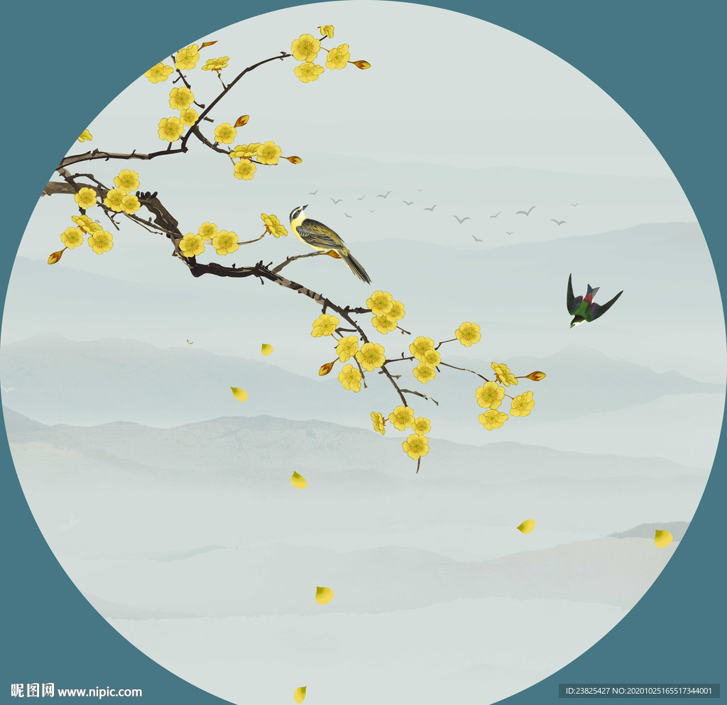新中式手绘银杏树山水花鸟装饰画