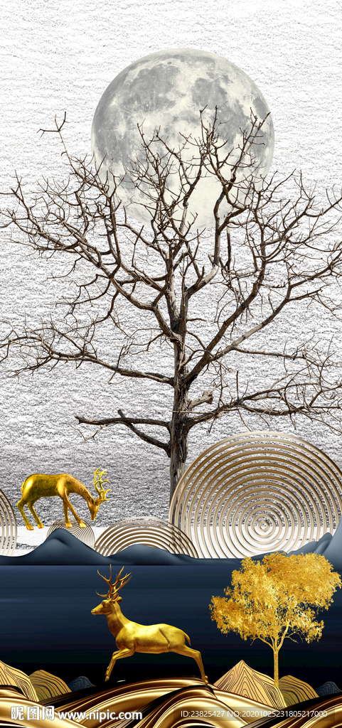 新中式抽象树木金色糜鹿装饰画