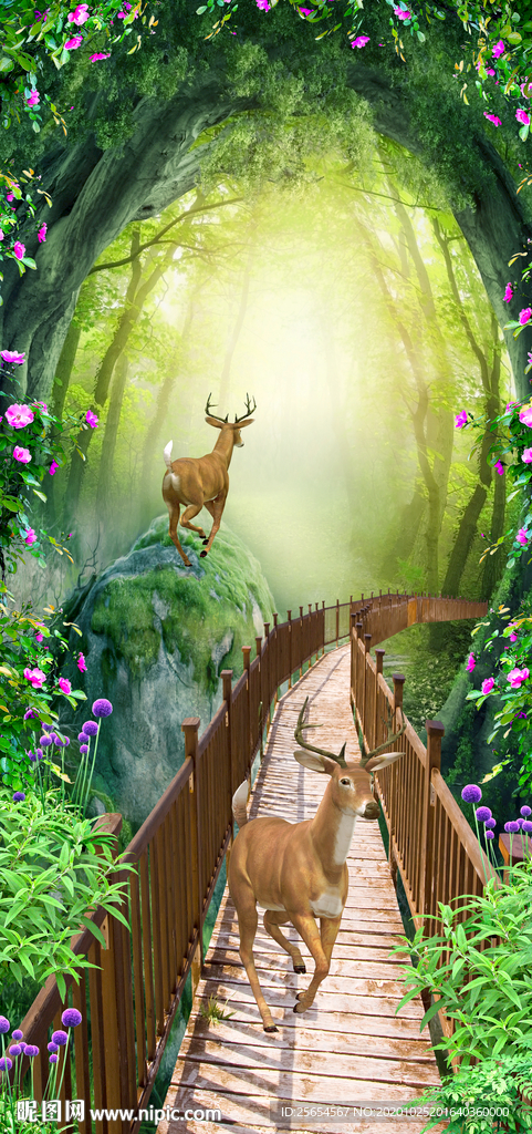 梦幻田园森林麋鹿木板桥3D玄关
