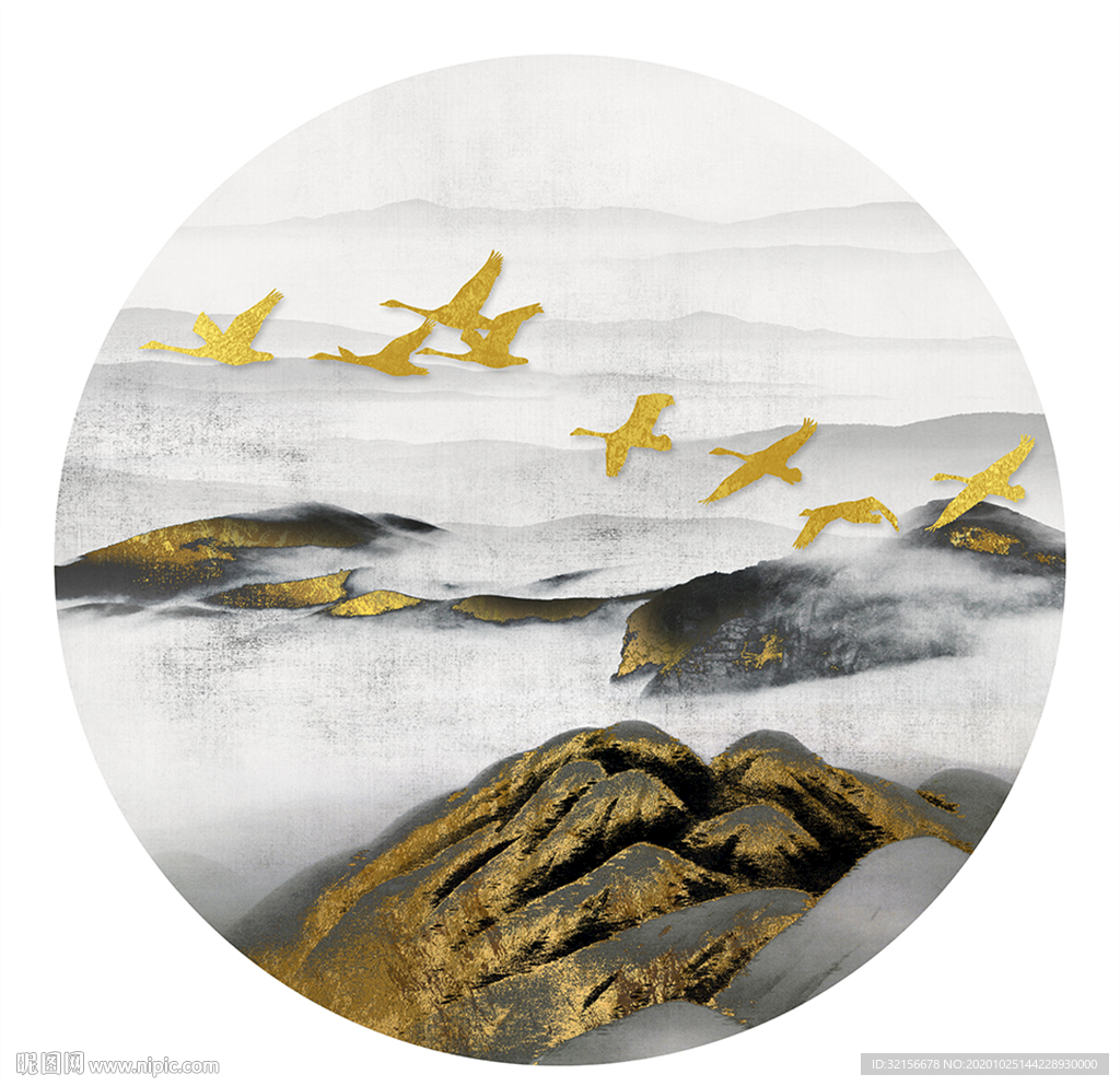 新中式金色水墨山水圆形装饰画