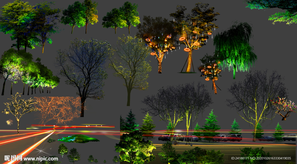 亮化夜景树齐全的分层素材图片