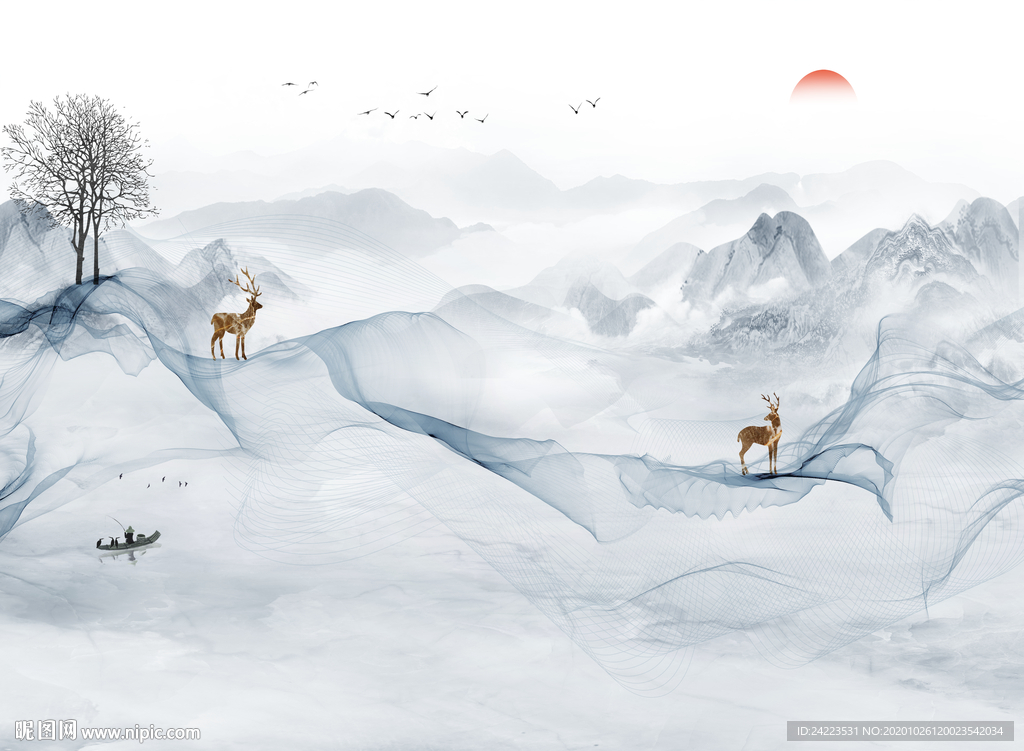 简约大气飘带新中式麋鹿烟雾山水