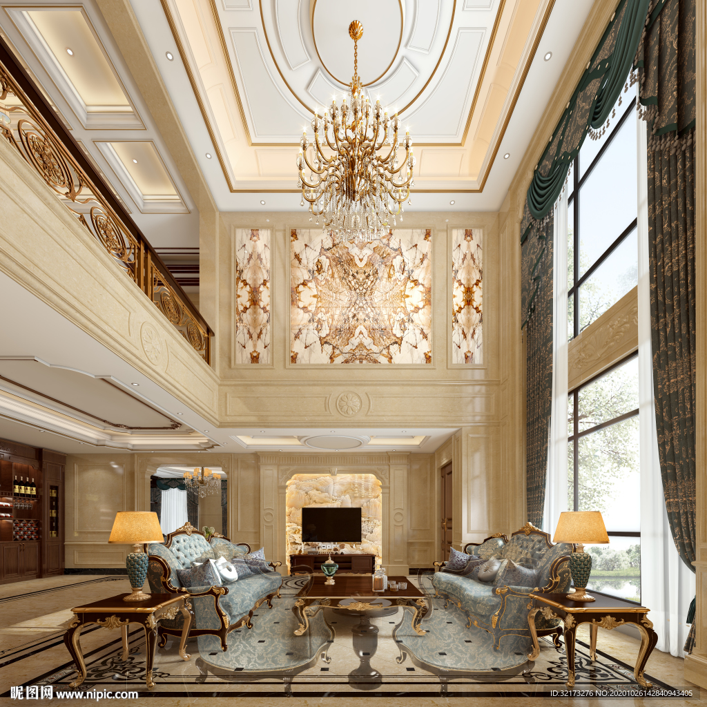 欧式中空别墅大理石客厅