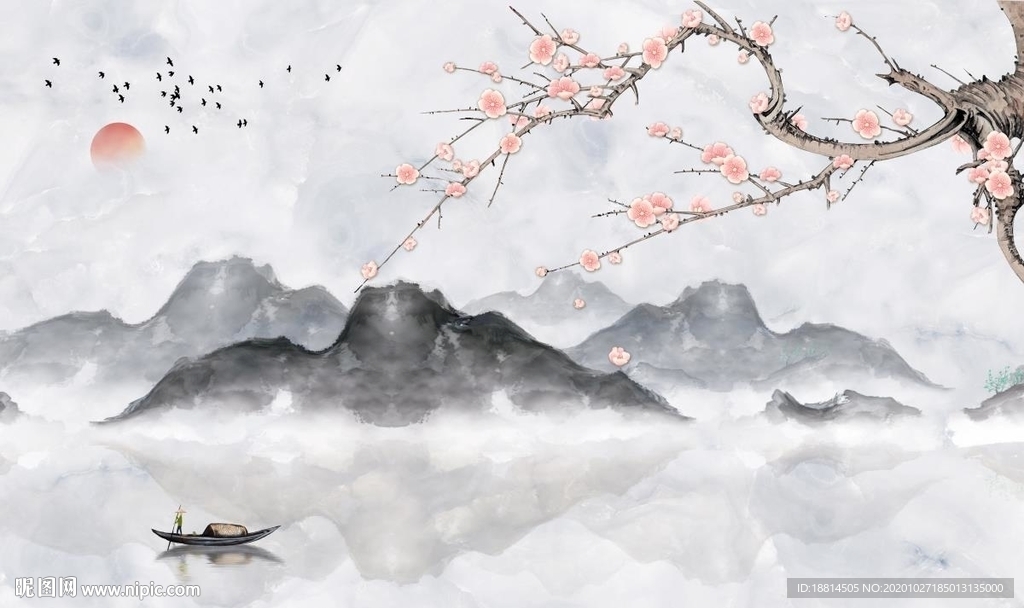 旭日东升梅花小船诗人电视背景墙