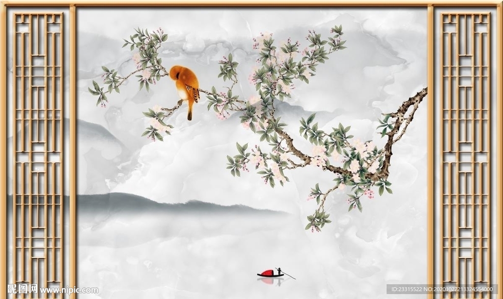 中式黄鹂山水电视背景墙